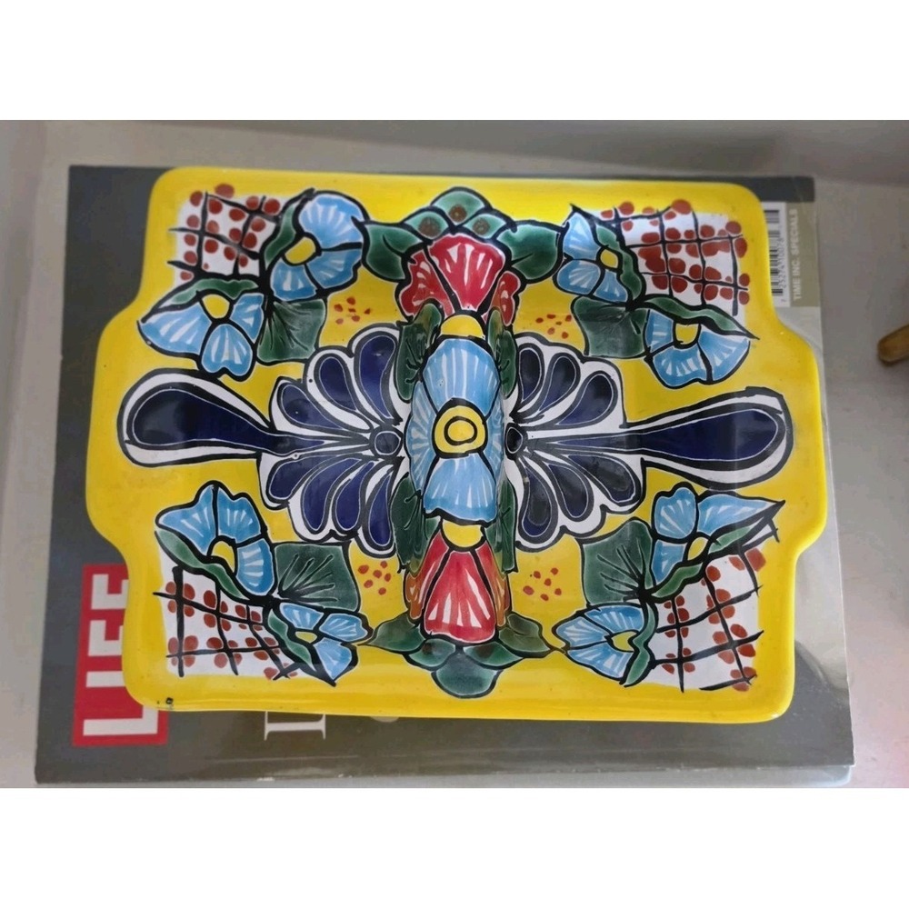 VTG Mexican‎ Folk Art Talavera Pottery Serving Platter Catch All Divider 2 Sides